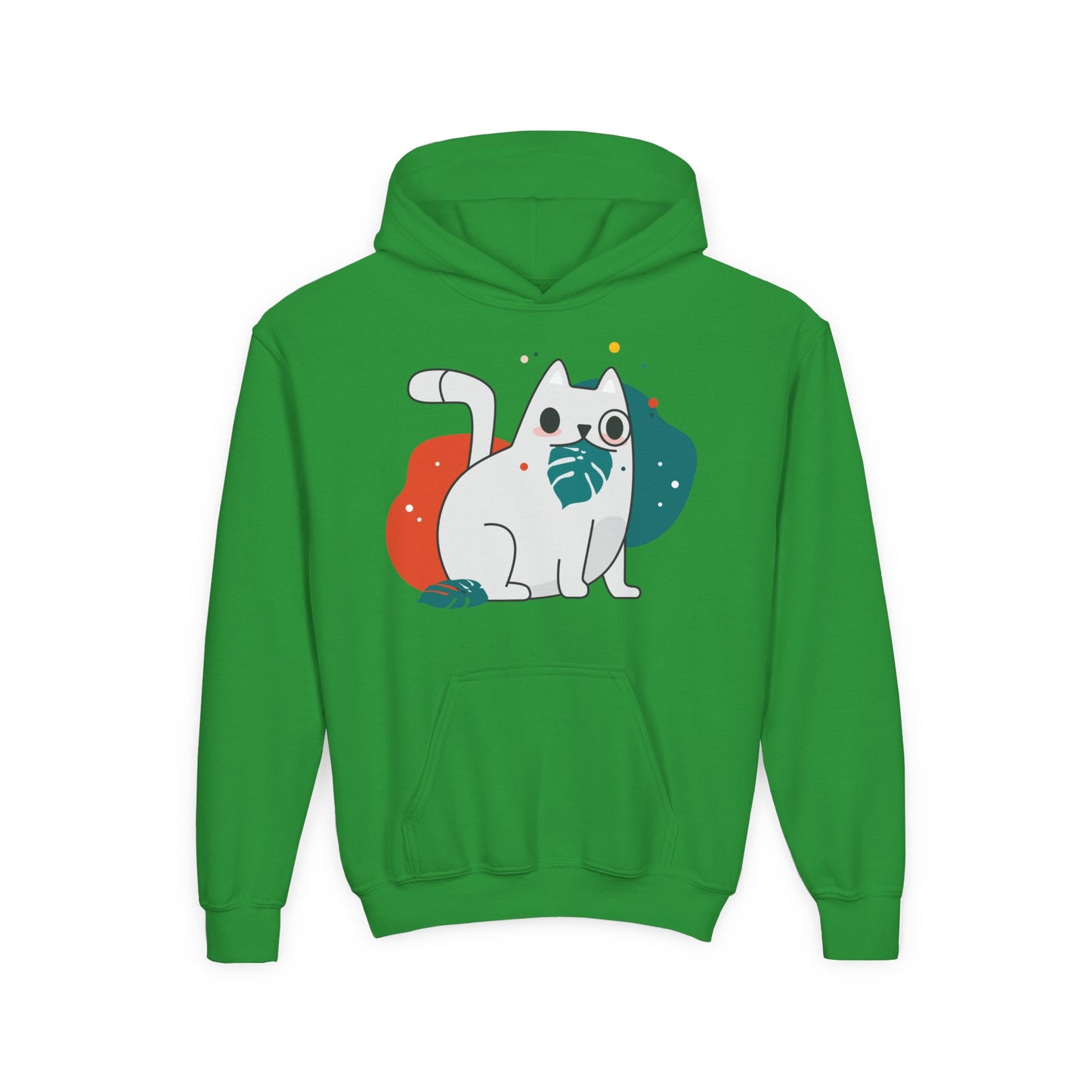Kids Cute Cat Hoodie — Playful White Cat with Yarn Graphic