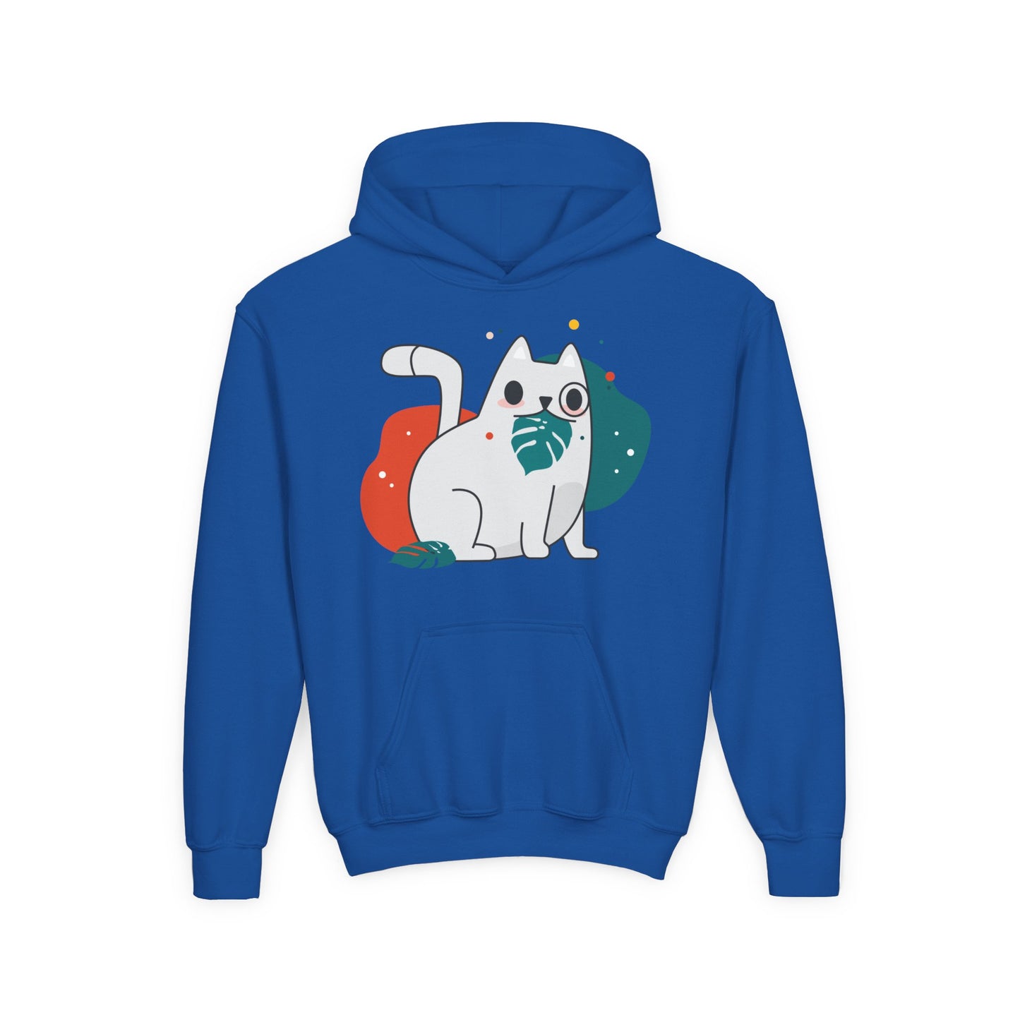 Kids Cute Cat Hoodie — Playful White Cat with Yarn Graphic