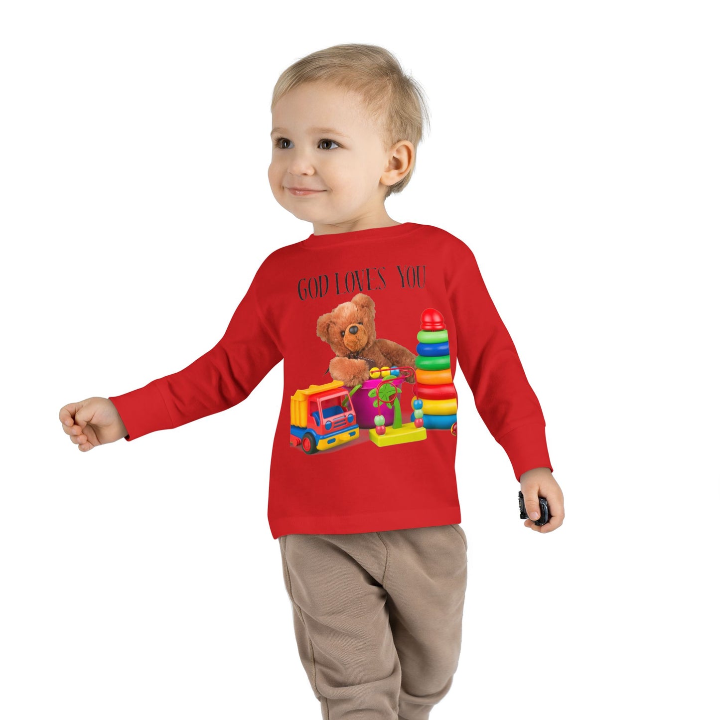 Toddler Long Sleeve Tee — Cute Toy Bear & Blocks Print