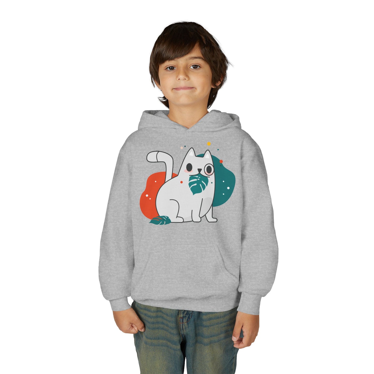 Kids Cute Cat Hoodie — Playful White Cat with Yarn Graphic