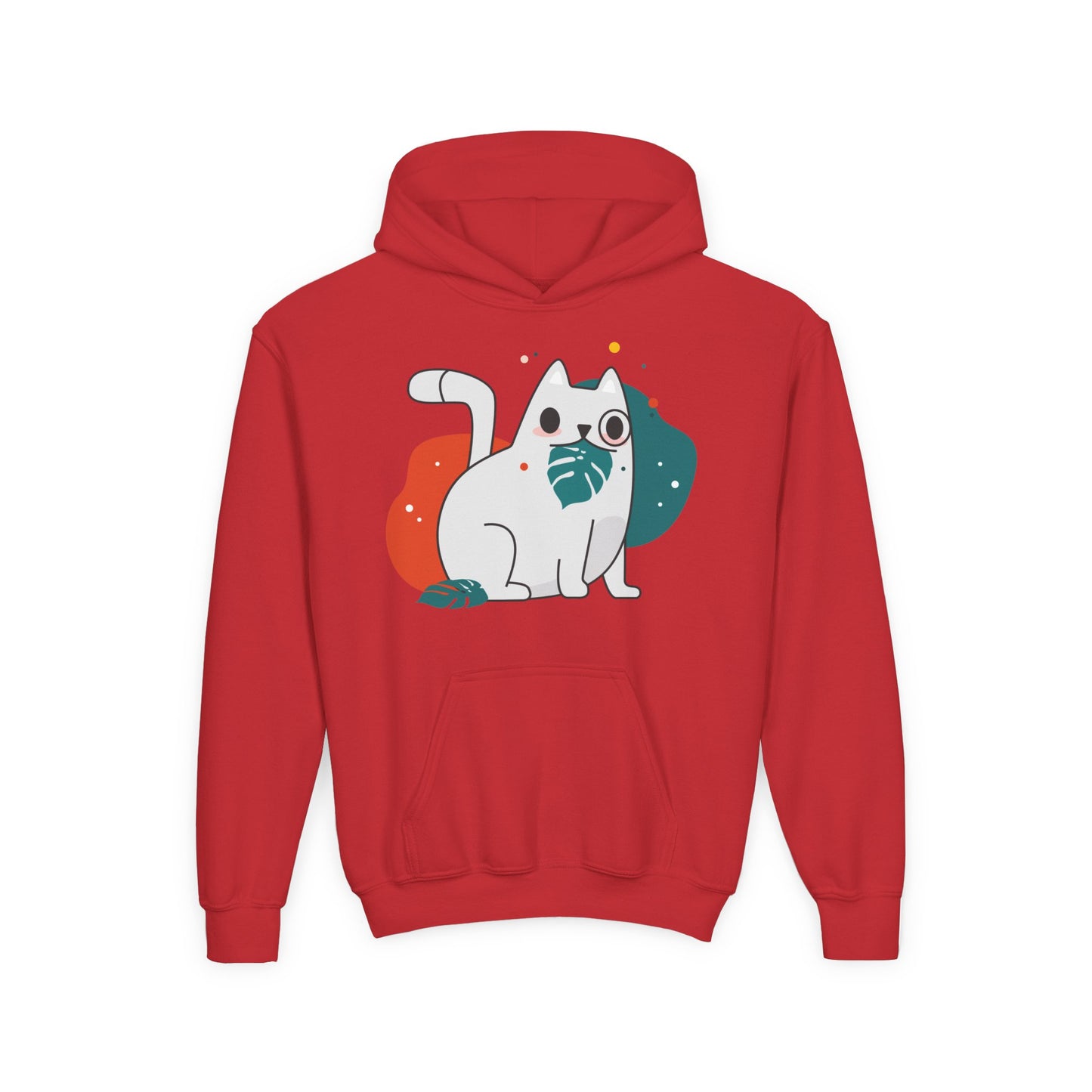 Kids Cute Cat Hoodie — Playful White Cat with Yarn Graphic