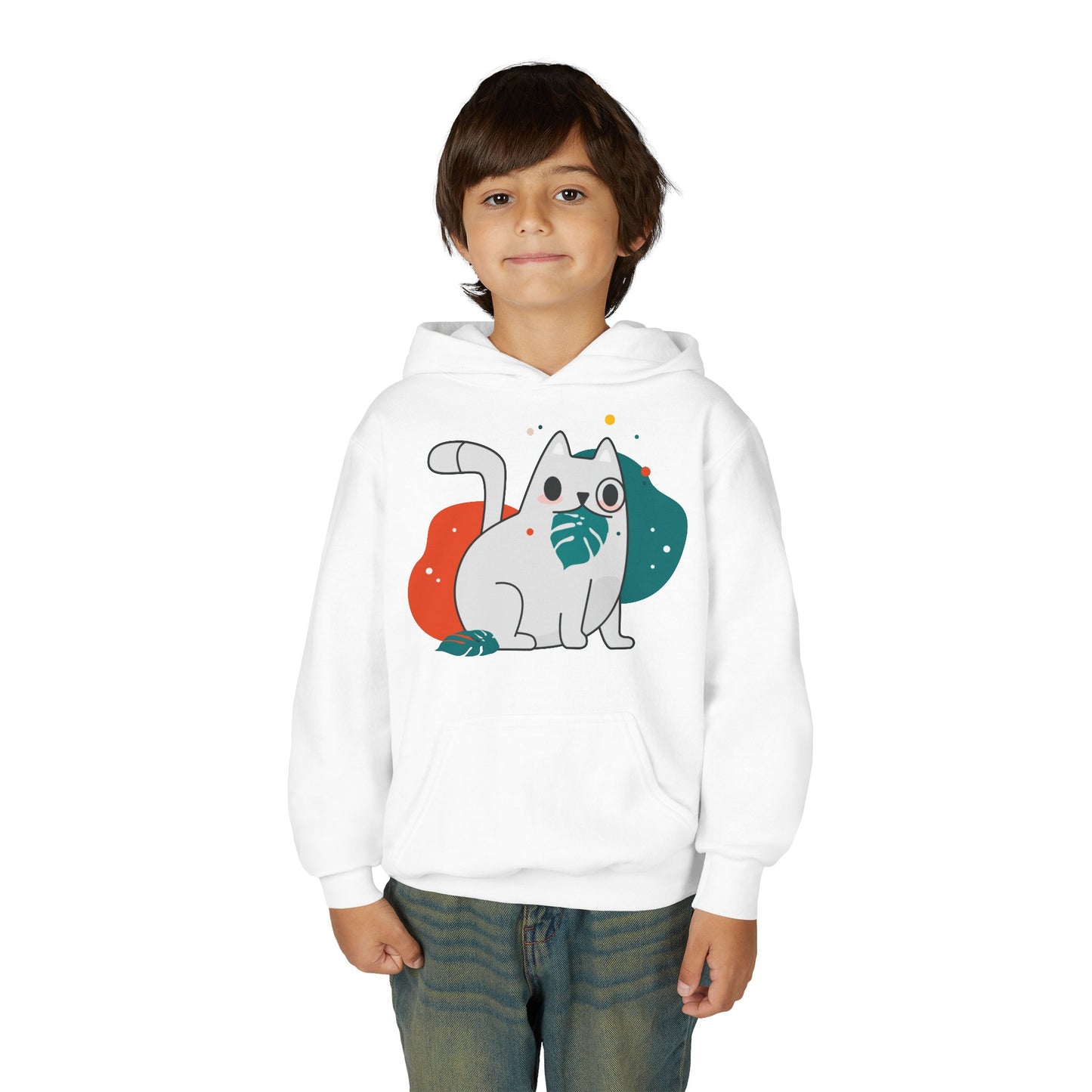 Kids Cute Cat Hoodie — Playful White Cat with Yarn Graphic