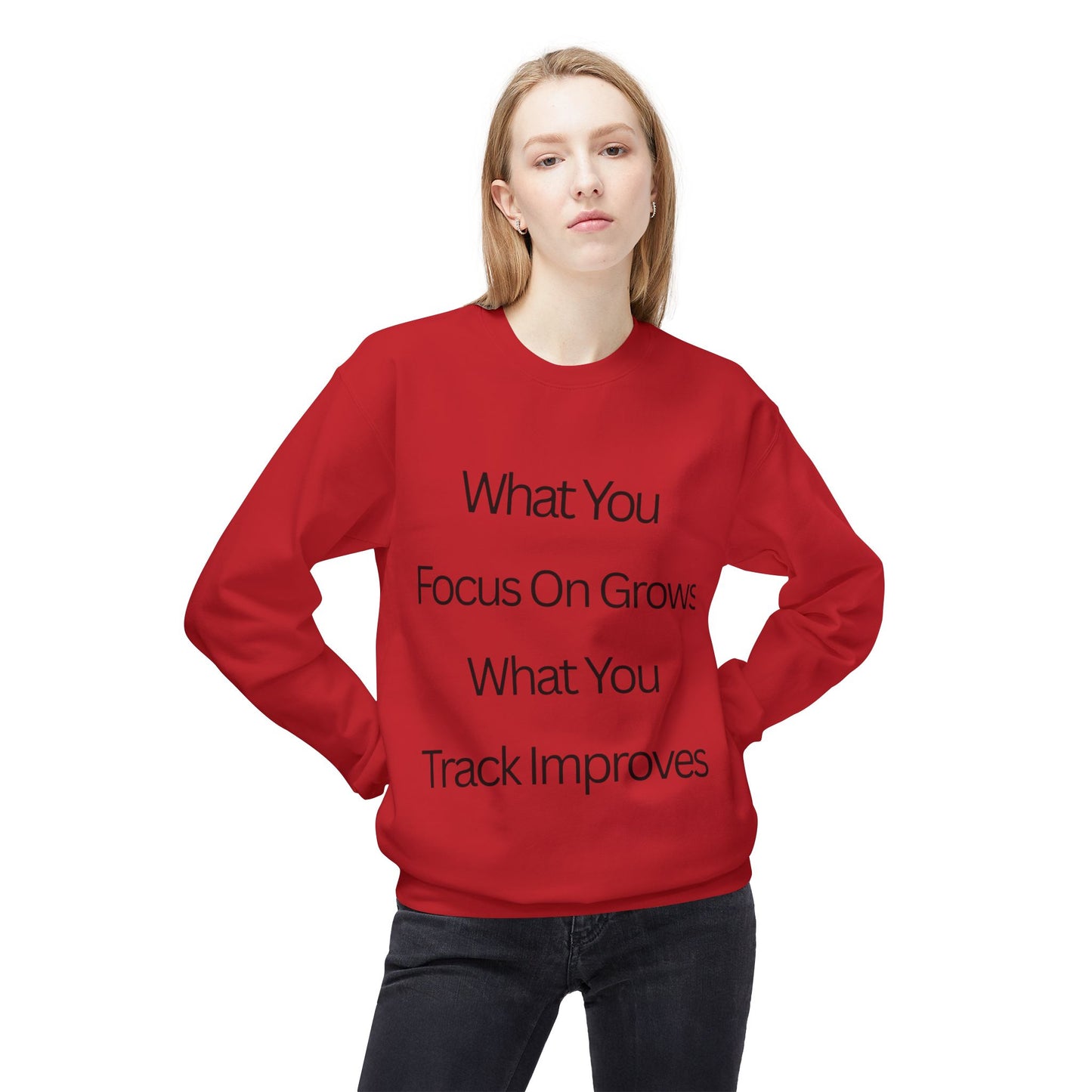 Faith- Crewneck Sweatshirt — “What You Focus On Grows, What You Track Improves” Motivational Crewneck