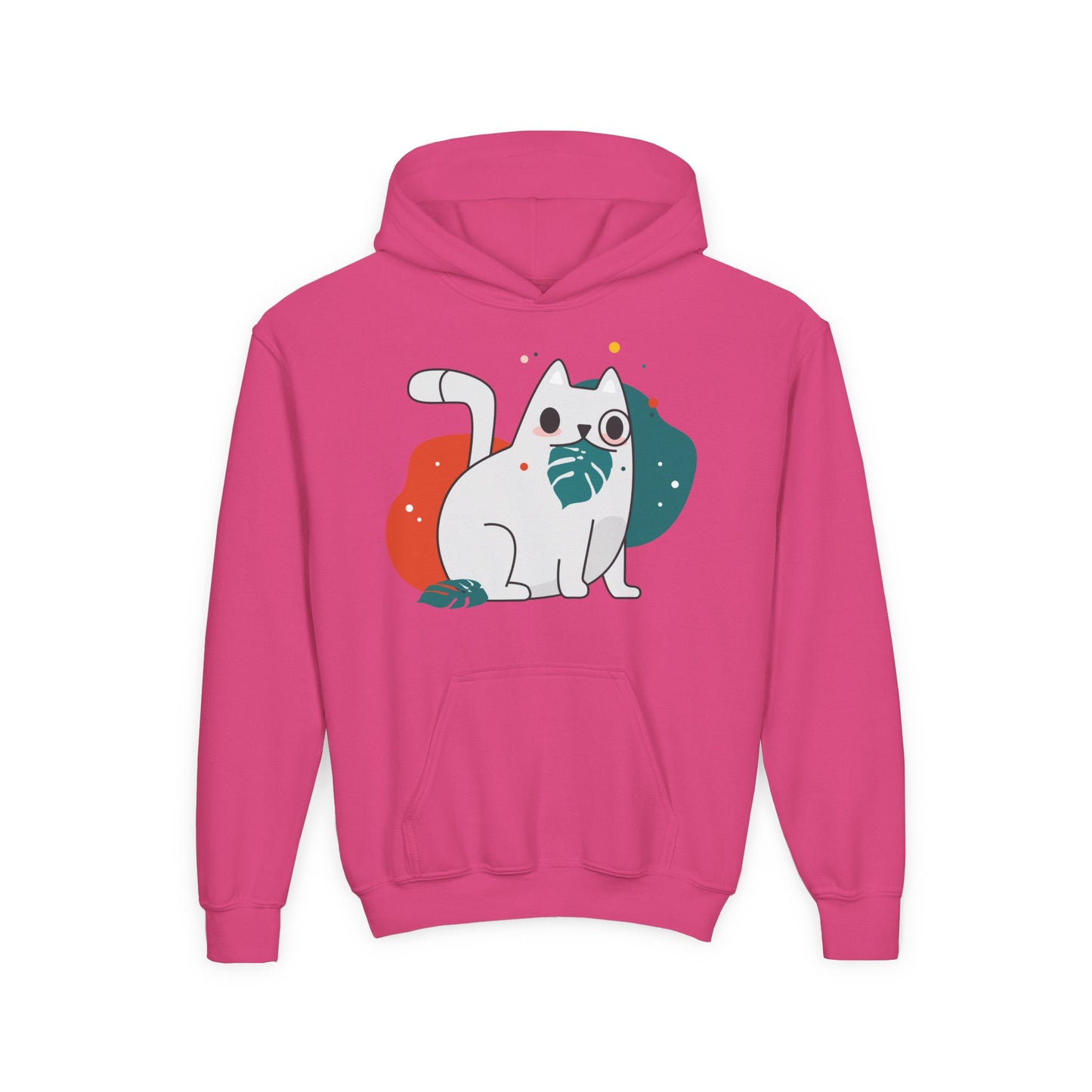 Kids Cute Cat Hoodie — Playful White Cat with Yarn Graphic