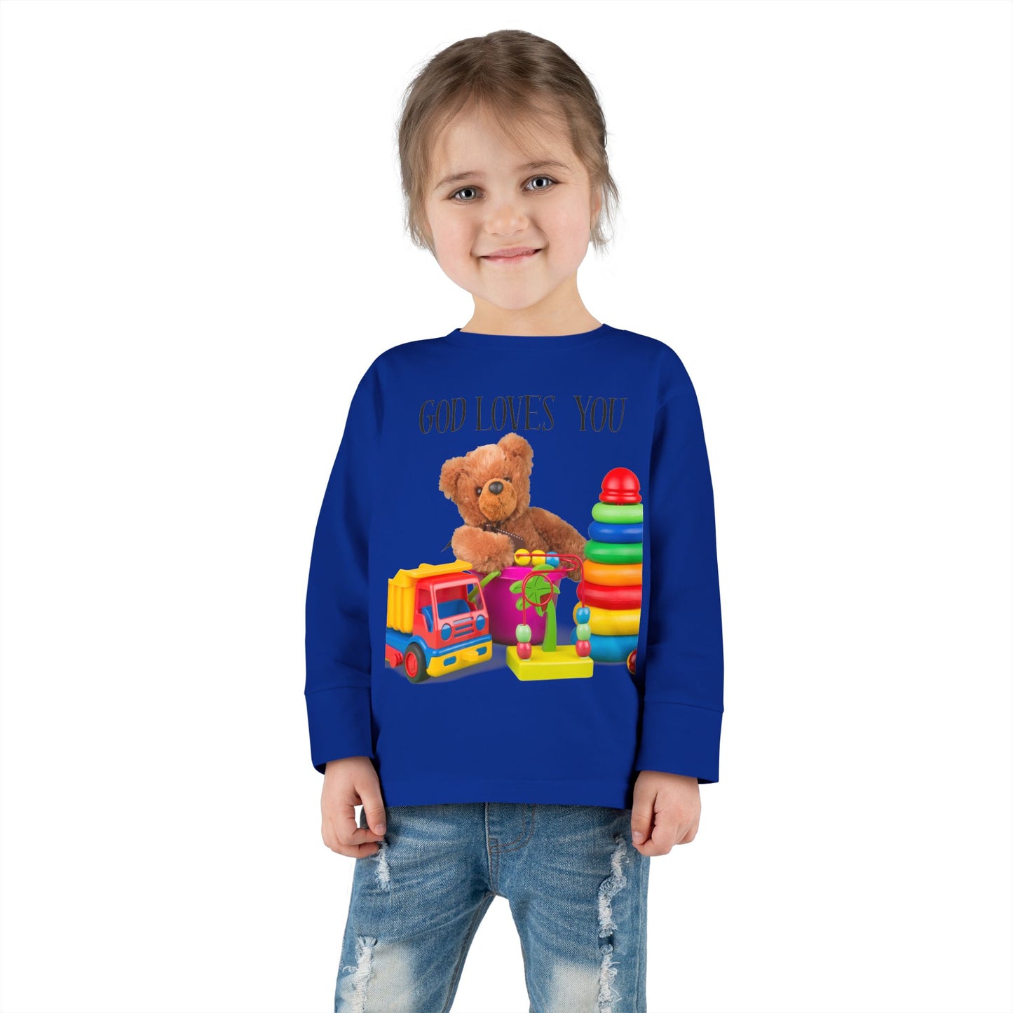 Toddler Long Sleeve Tee — Cute Toy Bear & Blocks Print