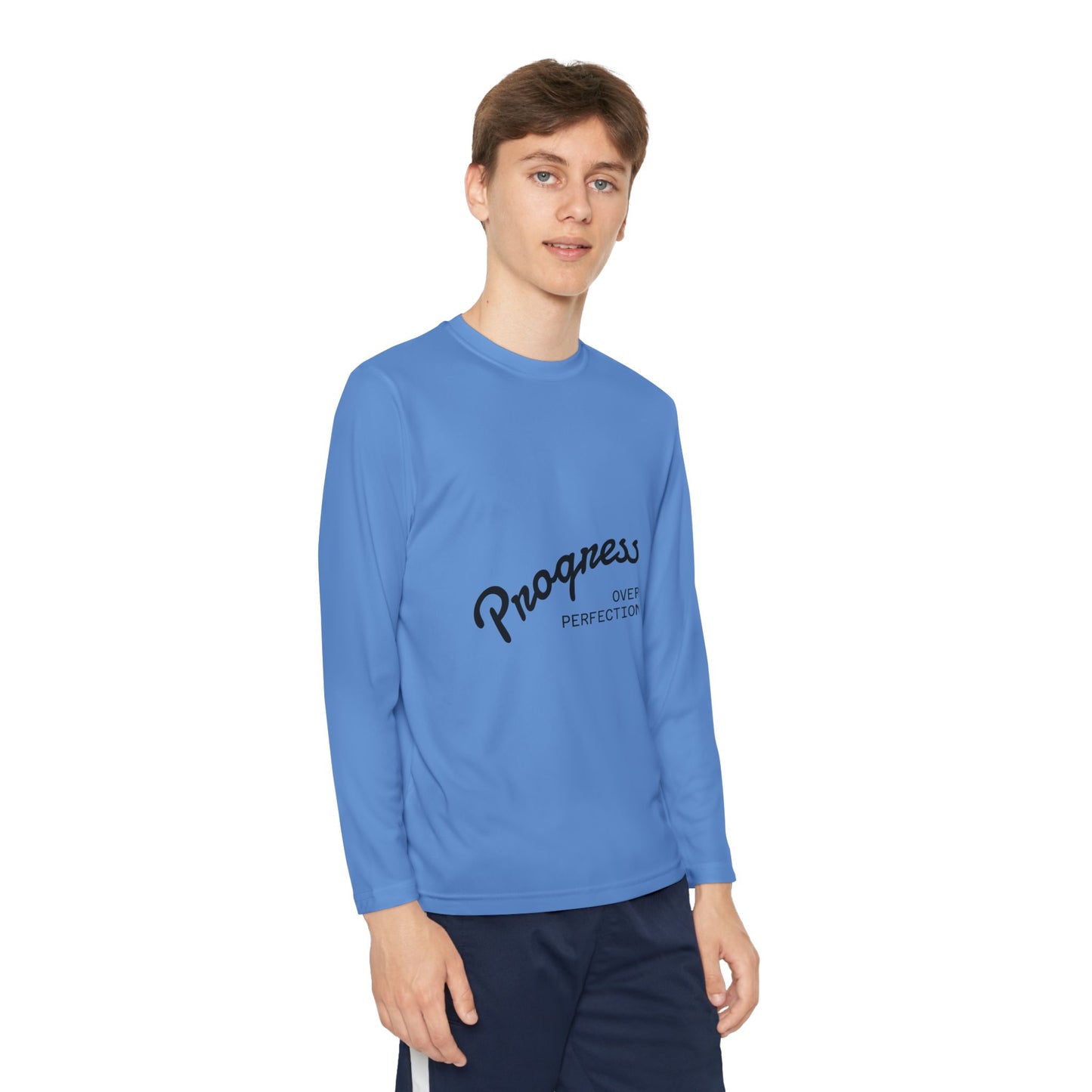 Youth Long Sleeve Tee — "Progress Over Perfection" Motivational Shirt
