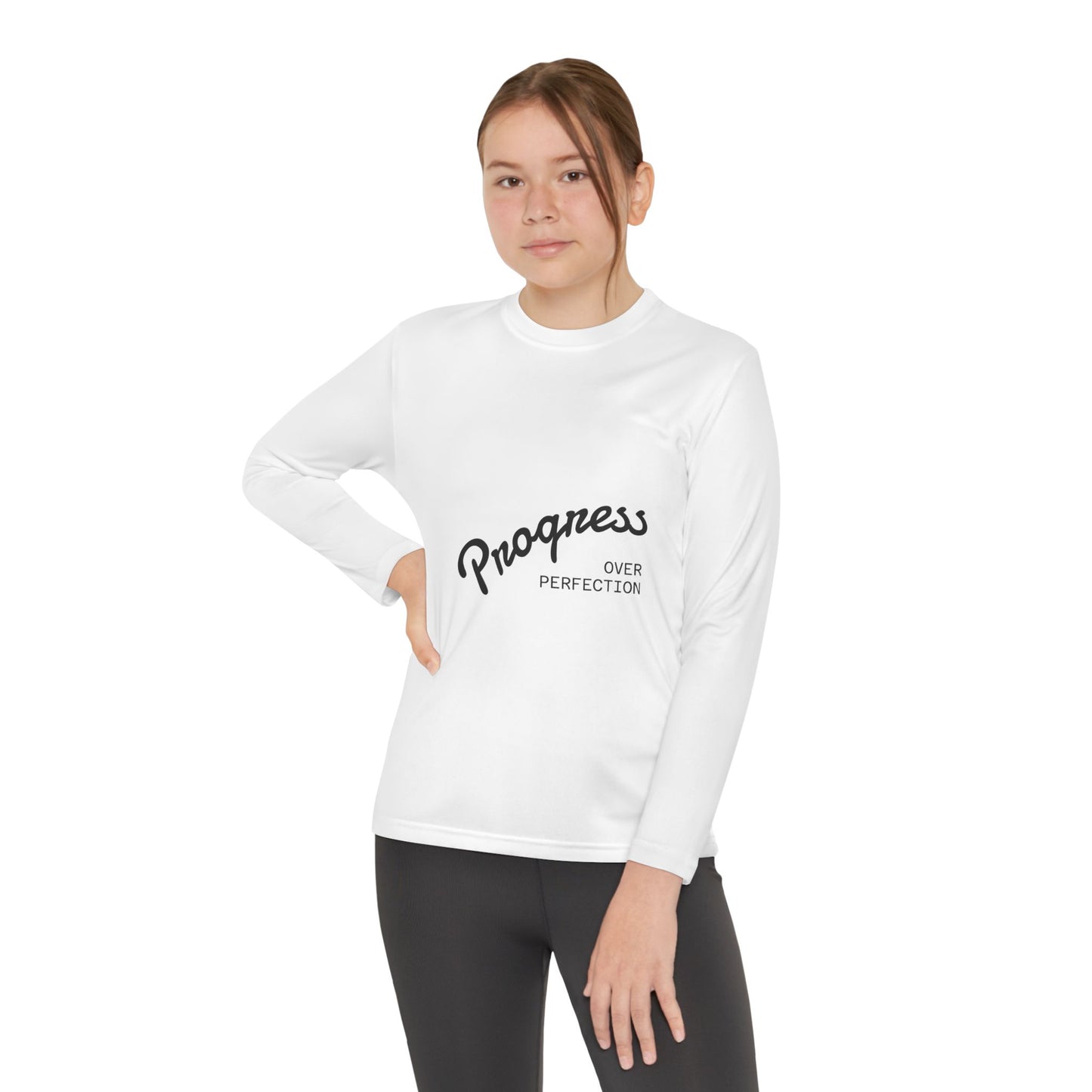 Youth Long Sleeve Tee — "Progress Over Perfection" Motivational Shirt