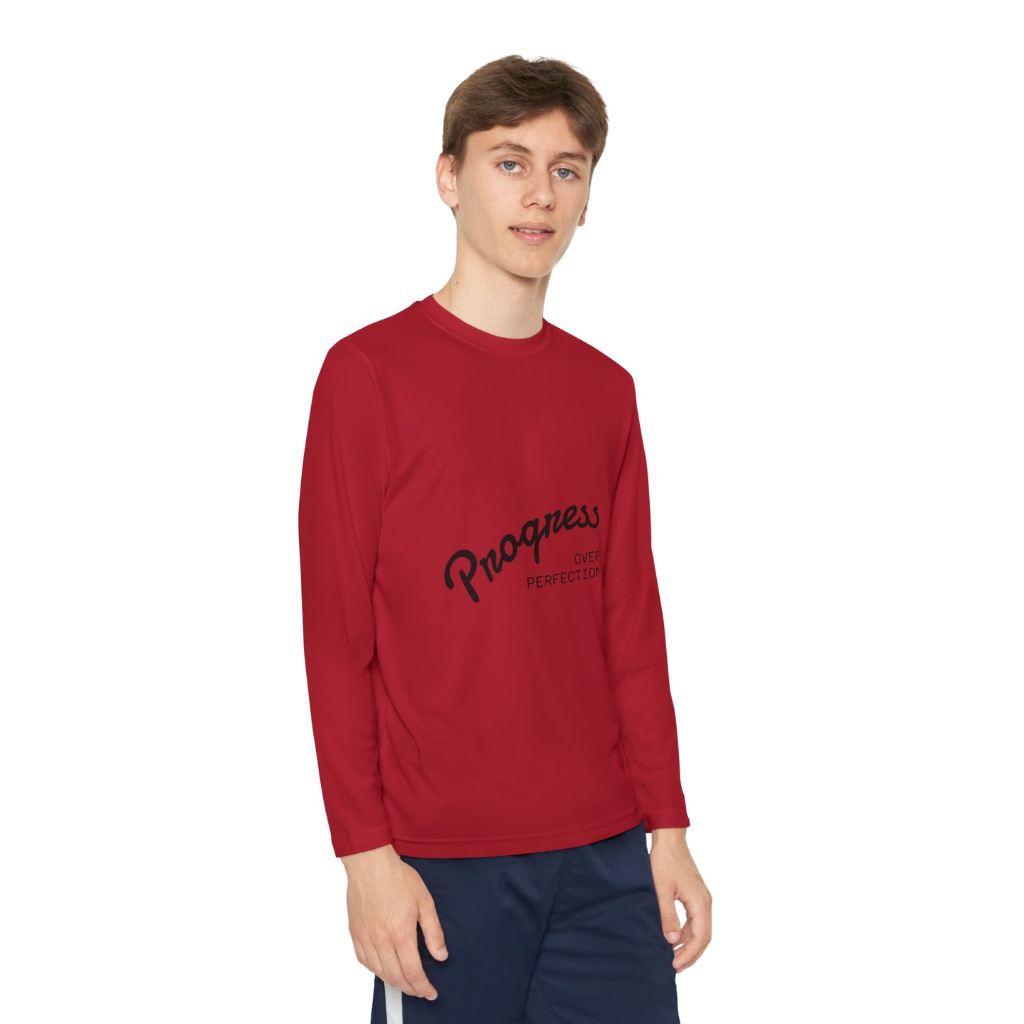 Youth Long Sleeve Tee — "Progress Over Perfection" Motivational Shirt