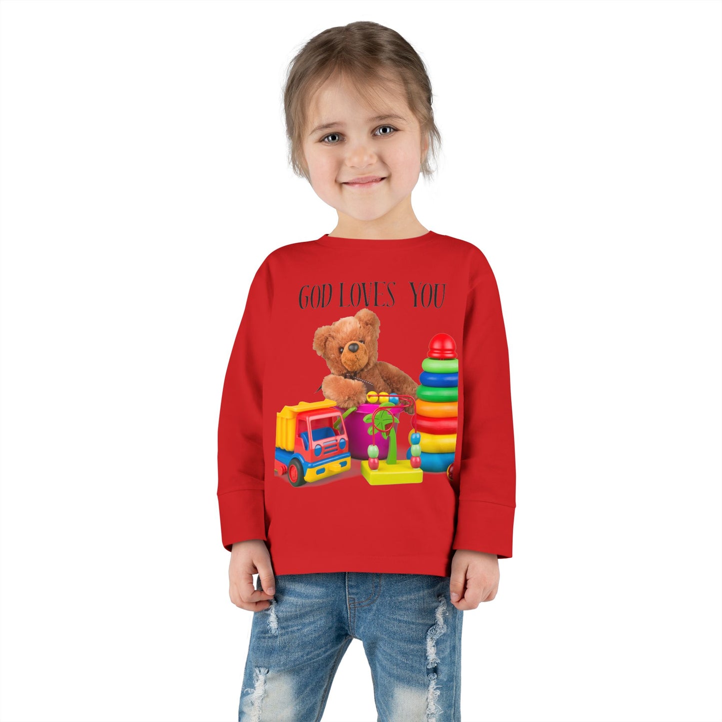Toddler Long Sleeve Tee — Cute Toy Bear & Blocks Print
